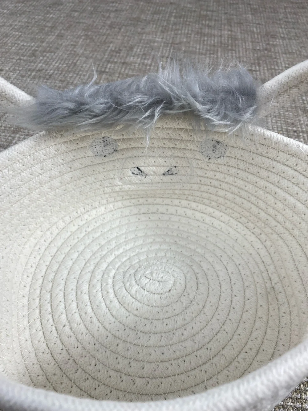White Rope Storage Basket with Gray Faux Fur Details cute cow